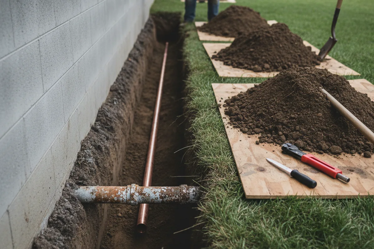 Excavated water line trench during Sewer Line Repair in Mitchells